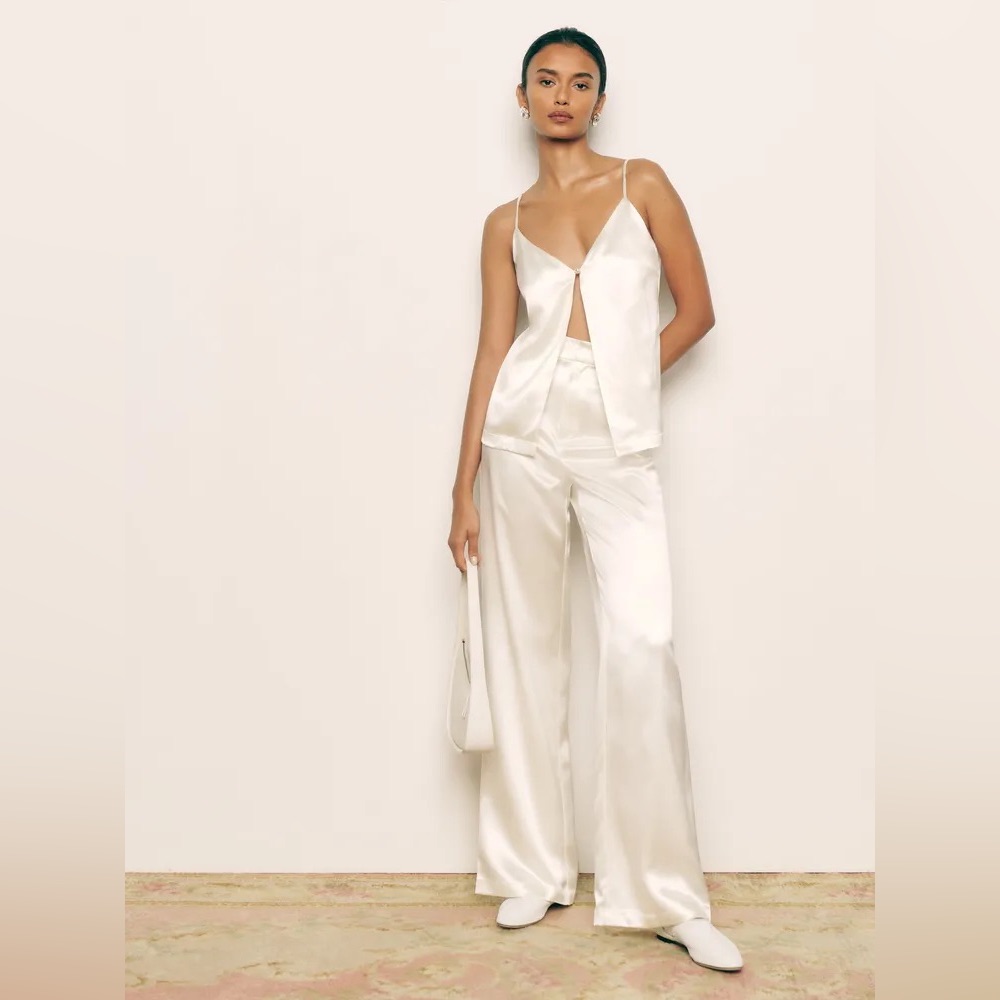 Reformation Satin Cream Wide-Leg Jumpsuit Romper Set